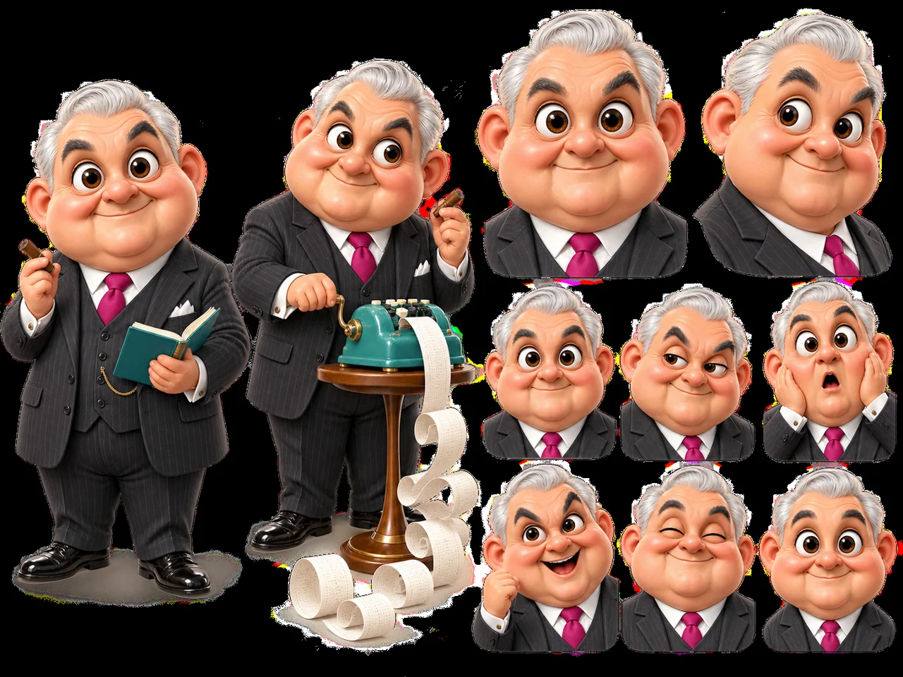 Original-Figurenbogen: Ludwig Erhard mit Ganzkörperposen und verschiedenen Gesichtsausdrücken.