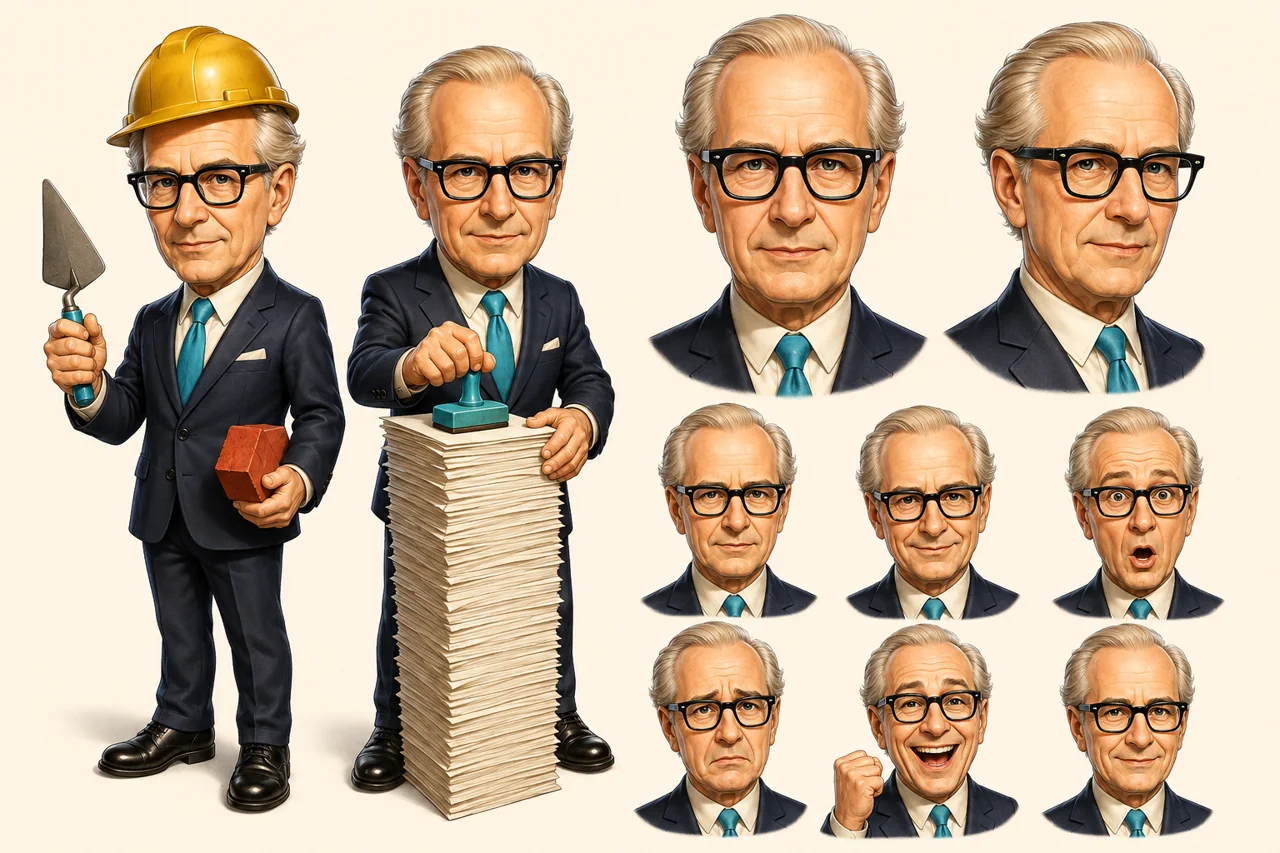 Neuere Honecker-Gesichtsstudie mit zwei Spielszenen und acht Porträtansichten.