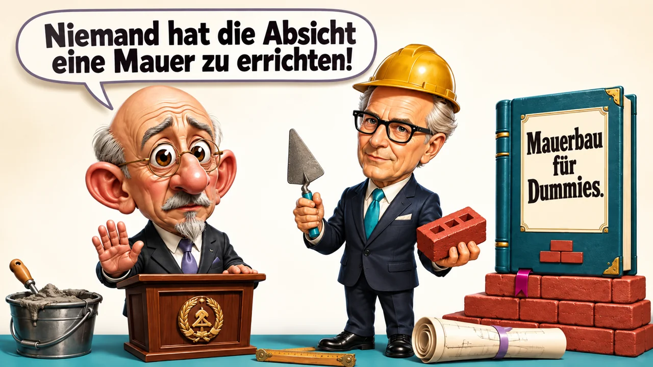 Verbindliches Titelmotiv: Ulbricht am Rednerpult, Honecker mit Bauhelm, Kelle und Ziegel; daneben das Buch „Mauerbau für Dummies.“. Die Sprechblase enthält das unten wiedergegebene Zitat.